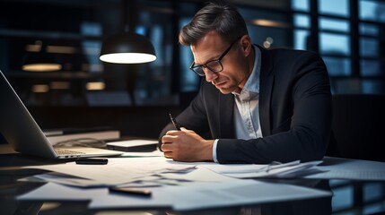 Dedicated business professional engrossed in work amid business documents, exemplifying focused determination and commitment to tasks in a well-organized workspace.