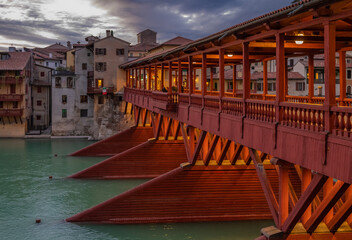 The Ponte Vecchio or Old Bridge in Bassano del Grappa, Vicenza, Italy.. - obrazy, fototapety, plakaty