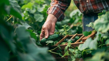 Fototapeta premium person harvesting fresh cucumbers into a wooden crate in a sunlit garden.