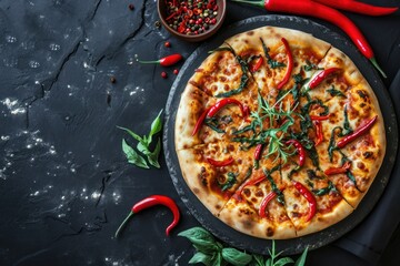 Pizza with red hot chili pepper and basil on a black background. Diavola. Cheese Pull. Diavola Pizza on a Background with copyspace.