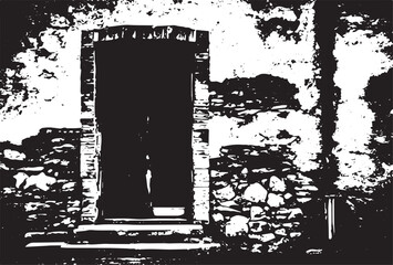 Old brick wall with boarded up wooden boards window. Wall of an abandoned ruined building