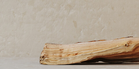 Minimal mockup concept for cosmetic product presentation. Firewood podium on beige background. Clipping path of each element included. 3d rendering illustration. 