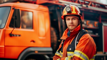Heroic Firefighter Portrayed in Uniform Next to Fire Engine AI Generated.