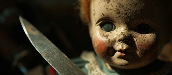 Creepy doll holding knife in its mouth ready to attack with scary expression - obrazy, fototapety, plakaty