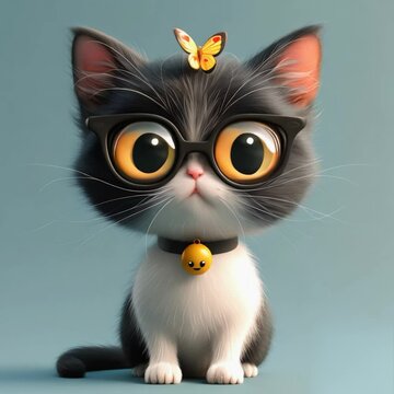 Cute cat with glasses and a butterfly on his head. Little animal 3d rendering cartoon character. Simple animation of a funny kitty. Short cartoon with a cat. Kitten playing with a beautiful butterfly.