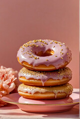 A photo of stacked glazed donuts with gold sprinkle 