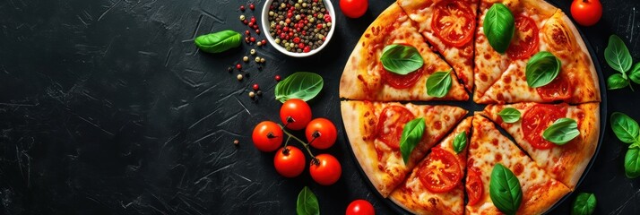 Pizza with mozzarella cheese, cherry tomatoes, peppers and basil. Diavola. Cheese Pull. Diavola Pizza on a Background with copyspace.