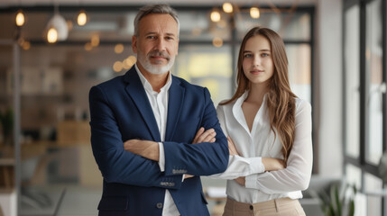 Two confident professionals, a man in a navy blazer and a woman in a white shirt, stand with arms crossed in a modern office environment, exuding leadership and partnership.