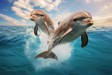 Cheerful dolphins leaping out of crystal clear waters, AI generated