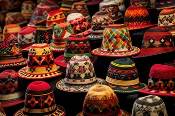 Fototapeta na wymiar Traditional Peru colorful decorated hats. Brightly multicolored ceremonial festive headwear. Generate ai