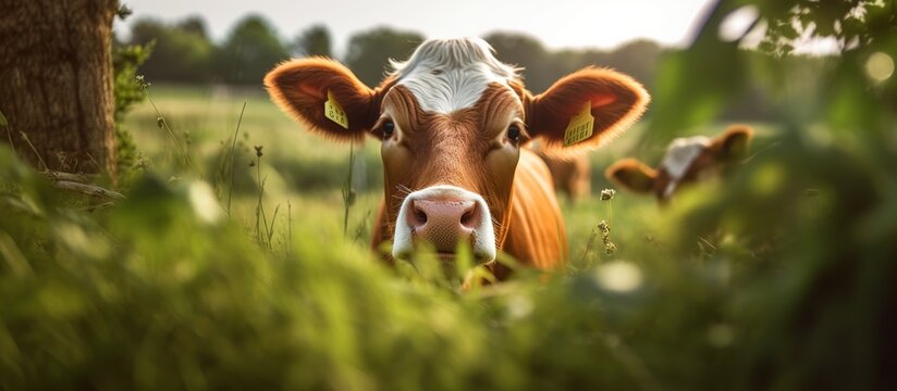 Photo of a cow peeking out and behind it with a blurry background and the green grass also has sparkling light