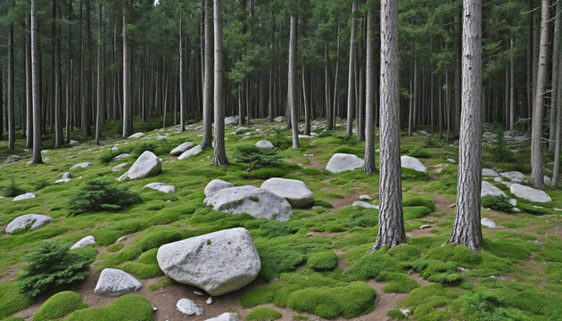 Pine tree woodland with boulders, transparent PNG cutout image