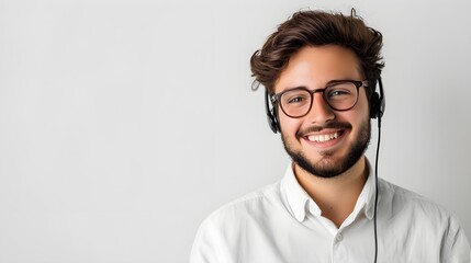 a smiling man wearing headphones with a pair of glasses