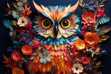 A paper owl with colorful flowers and leaves