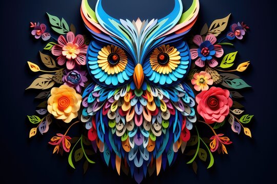 A paper owl with colorful flowers and leaves
