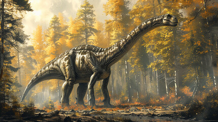 Diplodocus with very large, long-necked, long, whip-like tails, quadrupedal animals.  - obrazy, fototapety, plakaty