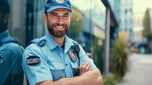 smiling security guard with a beard, standing confidently with his arms crossed