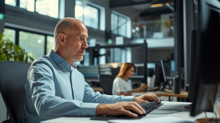 Fototapeta na wymiar Confident individual at a workstation with multiple computer monitors in a modern office.