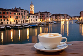 Fototapeta na wymiar Italian Lake Scene with a Cup of Coffee