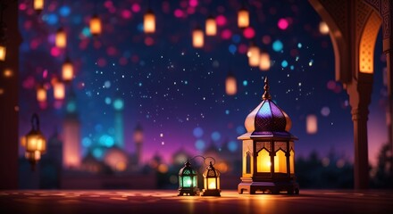 Fototapeta premium Colorful mosque and a lantern with glowing evening light