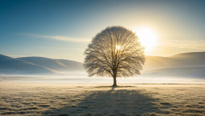 A lone tree stands in the middle of a plain with grass covered in frost. The morning sun illuminates the valley with golden rays. Snow-covered hills in the background.