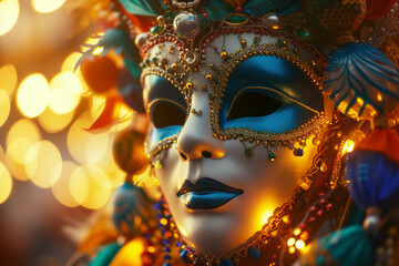 A colorful carnival mask adorned with beads, ready to be worn at a festive celebration