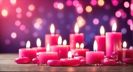 Obraz na płótnie Canvas Burning pink candles on wooden table
