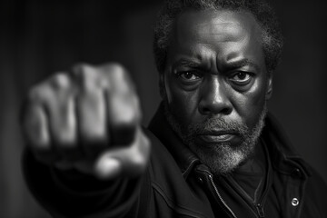 Fototapeta premium Black and white photograph, intense gaze of a proud African-American man, fist raised symbolizing Black Power