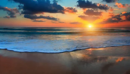 Deurstickers Beautiful landscape with sea sunset on beach. Bright orange sun and blue sky © hardvicore