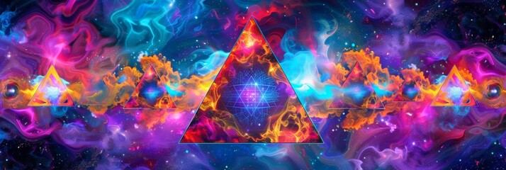 Fototapeta na wymiar Acid Trippy Abstract Colorful Psychedelic Mandala Magic Triangle in LSD Waves Style Background created with Generative AI Technology