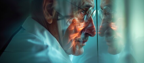 Confident man with glasses admiring his own reflection in the mirror with self-assurance