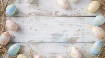 Fototapeta na wymiar White washed wood backgound with Easter eggs