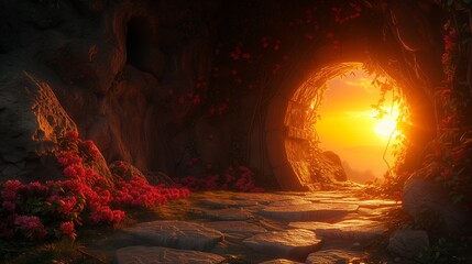 First light of dawn on Easter morning, shining through an open tomb with the stone rolled away, symbolizing the resurrection of Christ.