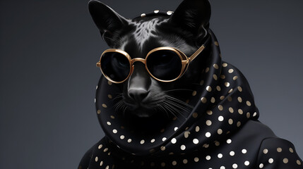 Serious big black cat wearing gold glasses and a polka dot hoodie on a black background. - 735237194