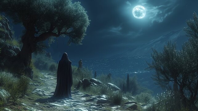 The Garden of Gethsemane at night, with a solitary figure in prayer, symbolizing Jesus's prayer before his arrest. 