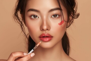 Young Asian woman with clean radiant skin gets botox injections for contour tightening, lip augmentation on a beige background. Spa care, facial skin care, beauty cosmetology