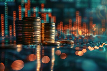 Business finance and investment concept, Capital gain world money economic growth. coin stack financial graph chart, market report on cash currency concept.
