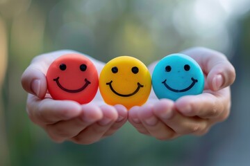 Hands choose happy smile face. mental health positive thinking and growth mindset concept.