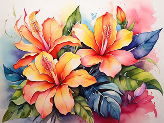 Vibrant Tropical Flower Watercolor Painting