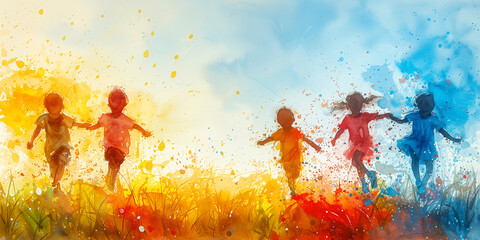 Happy children running in nature, love, emotion and friendship, happiness in childhood, kids playing on a meadow
