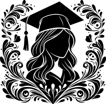 recommend clip art: girl in graduation, with silhouette flowers ornament, decoration, floral design.