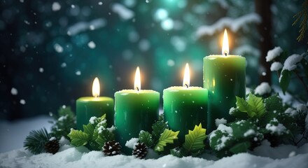 Candles Green Dark Forest decoration with sunlight and leaves winter snow background