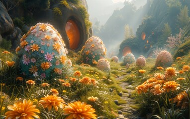 An enchanted Easter garden floating in the sky, with pathways lined by luminescent flowers in green, royal blue, and yellow. Giant, intricately decorated eggs serve as homes for fantastical beings. - obrazy, fototapety, plakaty