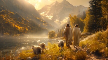 Commissioning Peter to shepherd - The shore of the lake, Christ talking to Peter, asking three times about love and entrusting him with the care of his sheep.  - obrazy, fototapety, plakaty