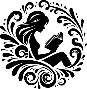 recommend clip art: girl silhouette reading a book with flowers ornament, decoration, floral design. 