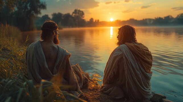 Commissioning Peter to shepherd - the shore of the lake, Christ talking to Peter, asking three times about love and entrusting him with the care of his sheep. 