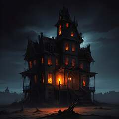 Chill-inducing haunted landscape,High-definition details of a decaying house, candlelight, and eerie shadows evoke fear.