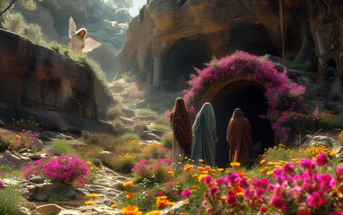 Mary Magdalene and other women at the tomb of Christ meet an angel,  Easter morning, resurrection of Christ. - obrazy, fototapety, plakaty