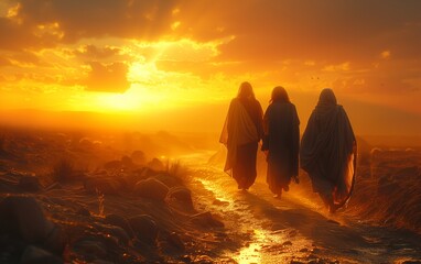 Two disciples walking along a sandy road to Emaus, talking to the yet unrecognized Christ - obrazy, fototapety, plakaty