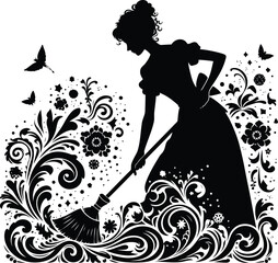 girl cleaning, silhouette flowers ornament decoration, floral vector design. 